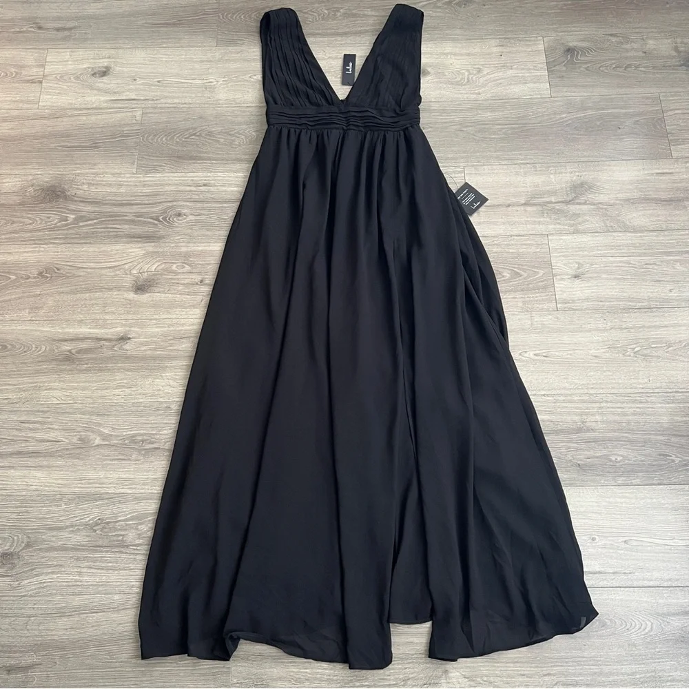 Lulus Heavenly Hues Maxi Dress Large Black Chiffon Side Slit Goddess Formal NWT - Picture 6 of 12